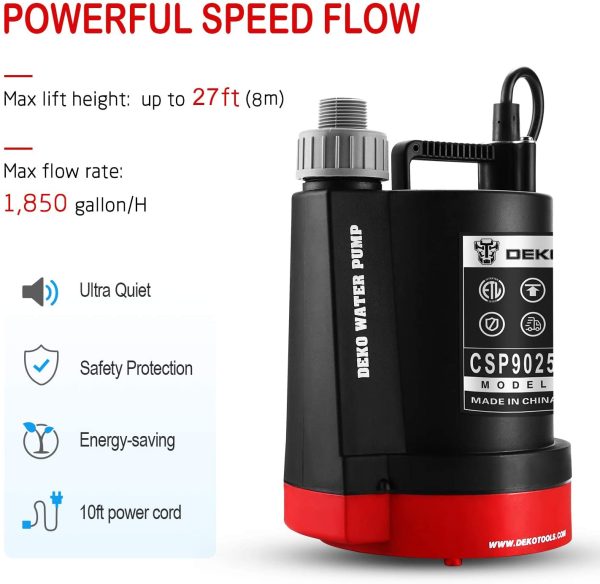 Submersible Water Pump 1/4 HP 1850GPH Thermoplastic Utility Pump Portable Electric Water Removal Pump for Swimming Pool Garden Tub Pond with 10-Foot Cord