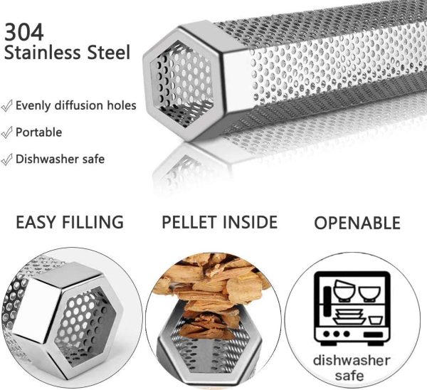 Pellet Smoker Tube 12 inch Perforated Stainless Steel BBQ Wood Pellet Tube Smoker For Cold Smoking Hot Smoking Portable Barbeque Smoke Generator Box Works With Electric Gas Charcoal Grill (With Tong+Brushes+S Shape Hooks) - Image 3