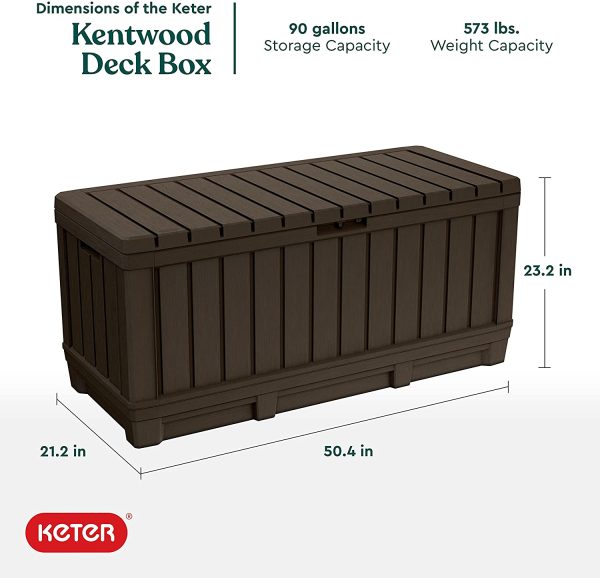 Keter Kentwood 90 Gallon Resin Deck Box-Organization and Storage for Patio Furniture Outdoor Cushions, Throw Pillows, Garden Tools and Pool Toys, Brown - Image 9