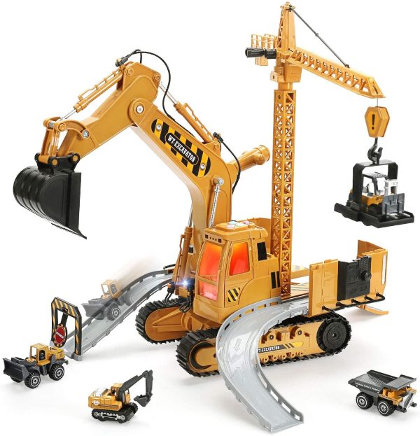 CUTE STONE Construction Vehicles Excavator Toy Set with Realistic Sounds & Lights,Kids Construction Toys Included Toy Excavator,Forklift,Bulldozer,Carrier Loader and Toy Crane,Great Gift for Kids Boys Toddler - Image 5