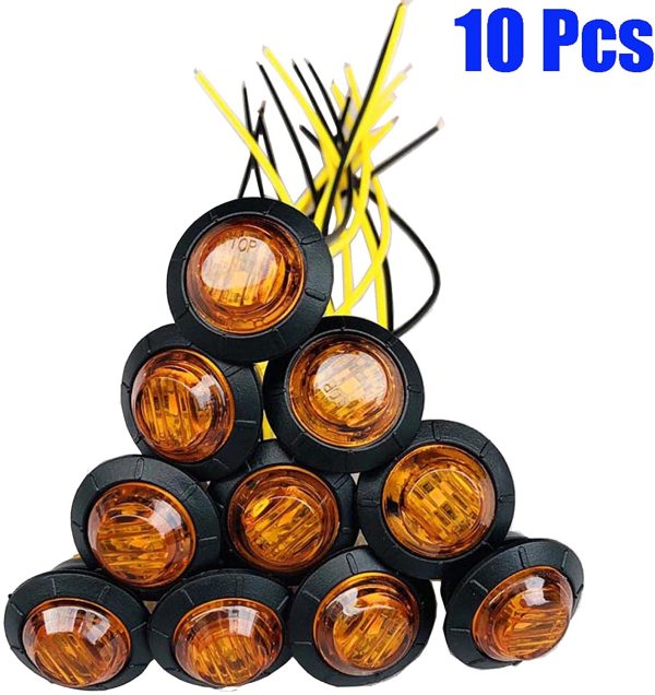 10pc of 3/4 Inch Mini Small Round Amber LED Side Marker Indicator Turn Signal Light Clearance Lamp Truck Trailer Bus Marine RV Automobiles Flatbed Waterproof 12V DC with rubber grommets