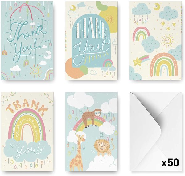 Rileys Baby Shower Thank You Cards Assortment, 50-Count | Hand-Illustrated 5 Designs, Envelopes Included, Bulk Variety Pack (Classic) - Image 8