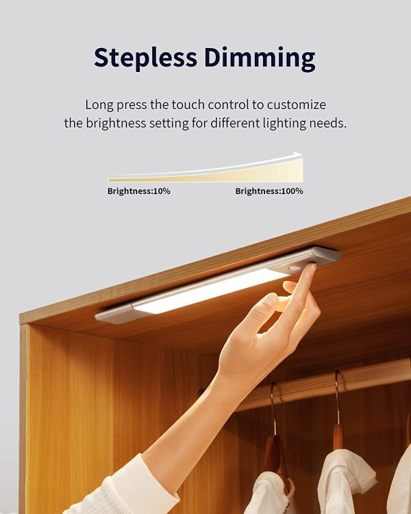 Closet Light, EZVALO 48 LED Under Cabinet Lighting Wireless with 1500mAh Battery, Stick-on Magnetic Motion Sensor Light Indoor for Kitchen Cupboard Pantry Wardrobe, Warm Light, Aluminium, 2 Pack - Image 7