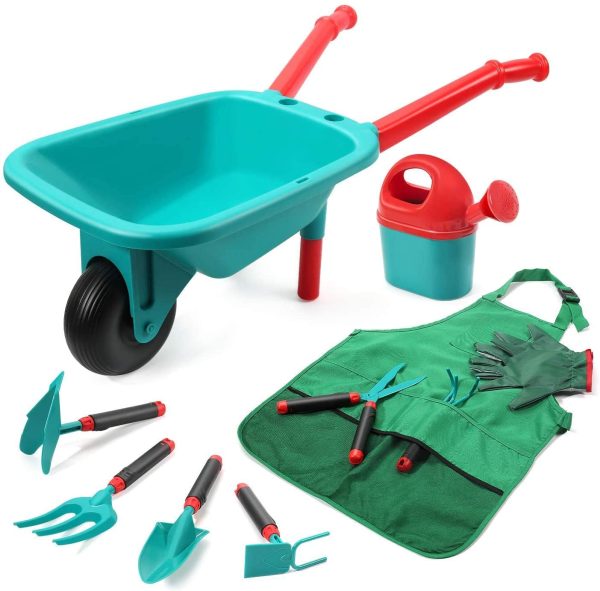 CUTE STONE Kids Gardening Tool Set,Garden Toys with Wheelbarrow,Watering Can,Gardening Gloves,Hand Rake,Shovel,Trowel,Double Hoe,Apron with Pockets,Outdoor Indoor Toys Gift for Kids Toddler Boys Girls - Image 9