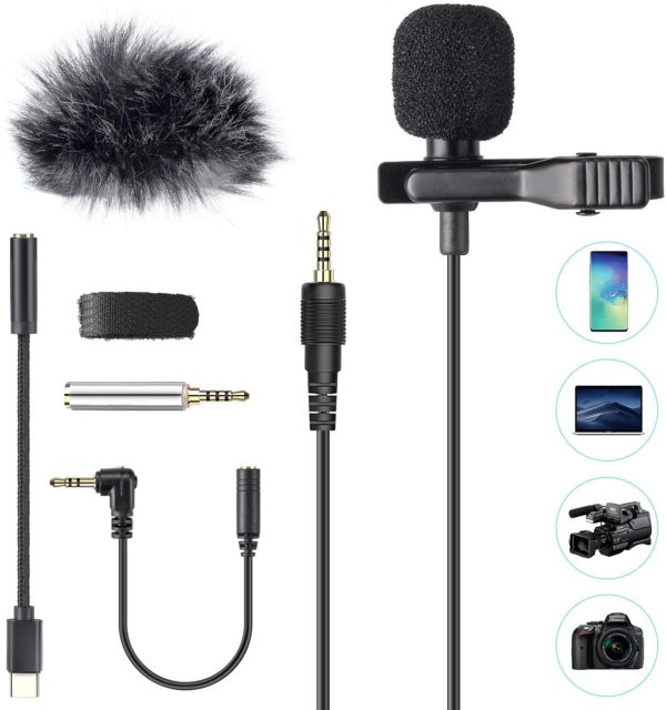 Lavalier Lapel Microphone Set,  Professional Omnidirectional Condenser Mic with 3 kinds of Adapters and Wind Muff, Clip-on Mini Microphone with Type-c Adapter, Perfect Recording Partner for Camera, DSLR, iPhone, Android, PC, Interview, Video conferencing, Podcast and More