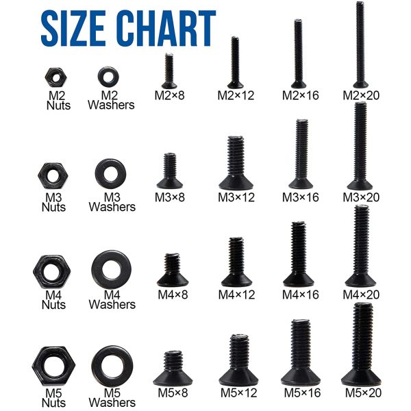 NINDEJIN 1060pcs M2 M3 M4 M5 Flat Head Socket Head Cap Screw Bolt& Nuts & Flat Washers Alloy Steel Countersunk Screws Assortment Kit (Flat Head) - Image 7