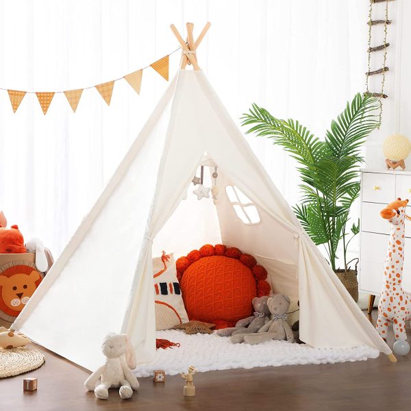 Monobeach Teepee Tent for Kids Foldable Children Play Tent for Girl and Boy with Carry Case 4 Poles White Canvas Playhouse Toy for Indoor and Outdoor Games  (White) - Image 4