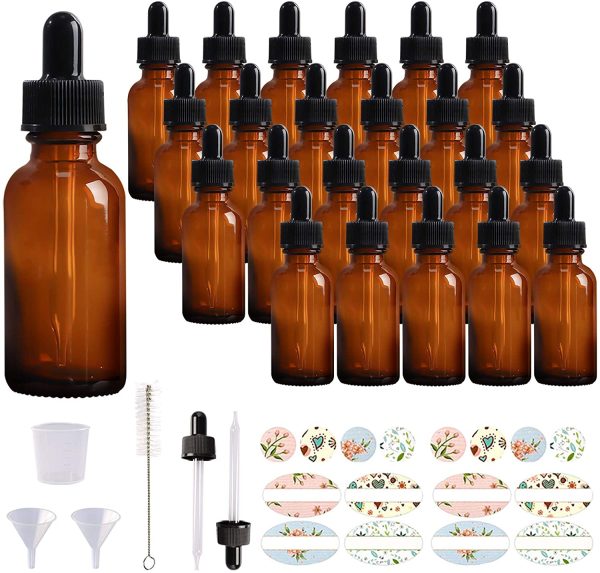 24 Pack 1oz Amber Glass Bottles with Glass Eye Droppers for Essential Oils, Perfumes & Lab Chemicals (Brush, Funnels, 2 Extra Droppers, 36 Pieces Labels & 30ml Measuring Cup Included) - Image 4