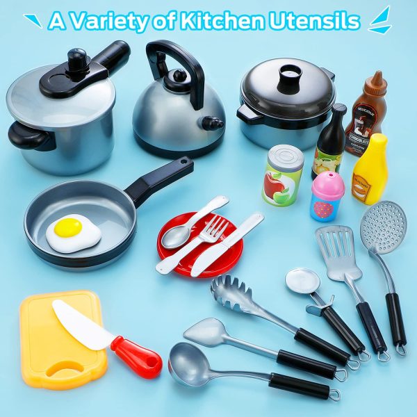 Theefun Kids Kitchen Playset Toys, 46Pcs Pretend Play Cooking Sets Includes Pressure Pot and Pans, Cutting Play Food and Cooking Utensils Accessories, Educational Toys Gifts for Toddlers Girls Boys - Image 3