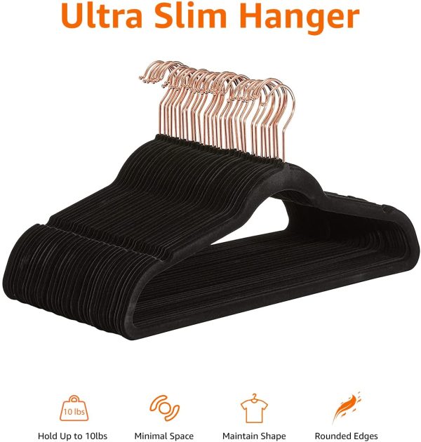 Amazon Basics Slim, Velvet, Non-Slip Suit Clothes Hangers, Black/Rose Gold - Pack of 50 - Image 2