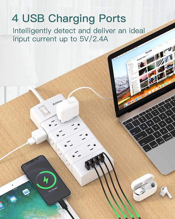 Power Bar with Surge Protector - Power Strip with 16 Outlets and 4 USB Ports 5Ft (1.5M) Flat Plug Extension Cord Indoor(3-Side), Wall Mount Charging Station for Home, Office and Dorm