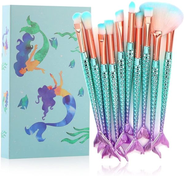 Tenmon 10 Pcs Mermaid Makeup Brush Set with Gift Box Professional Eye Makeup Brushes For Eyeshadow Concealer Eyeliner Brow Blending Brush Tool - Image 4