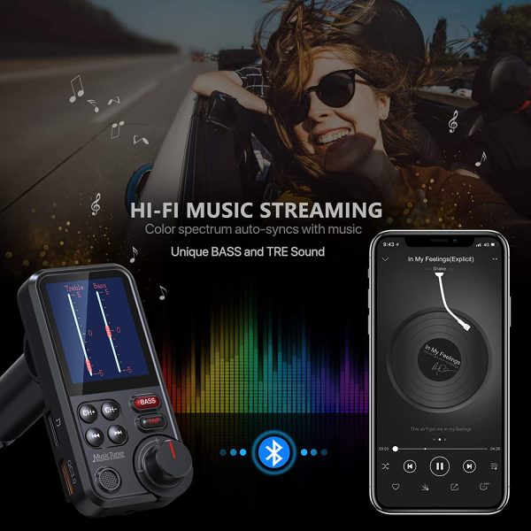 Car Bluetooth Transmitter, Strong Microphone Bluetooth Car Radio Adapter with 1.8" Color Screen for Hands Free Calls, Supports QC3.0 Charging, Treble and Bass Sound Music Player- KM30 - Image 5