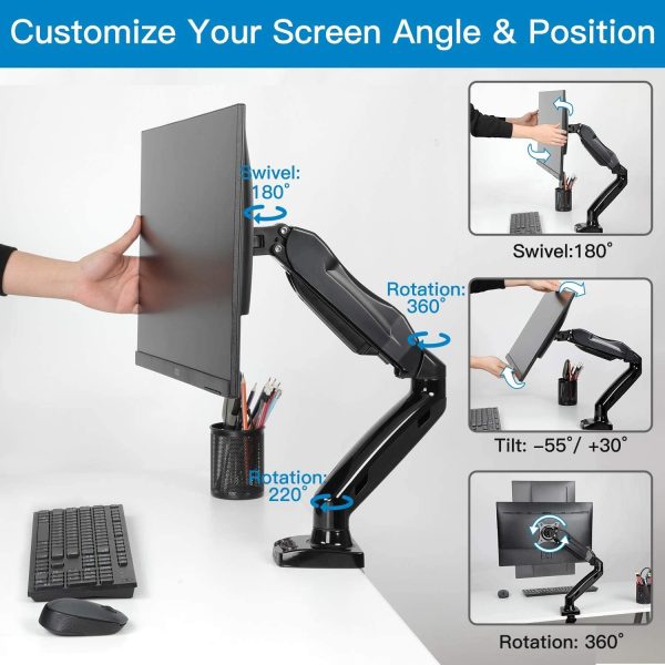 Single Monitor Desk Mount, Adjustable Monitor Mount Desk Stand, Monitor Stand with Clamp and Grommet Base - Fits 17 to 27 Inch LCD Computer Screen Monitors 4.4 to 14.3lbs - Image 4