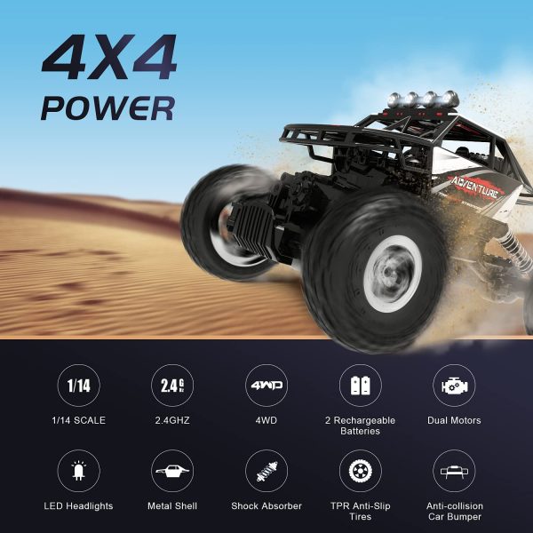 DEERC DE45 RC Car, Remote Control Car 1:14 Off Road Monster Truck,Metal Shell 4WD Dual Motors LED Headlight Rock Crawler,2.4Ghz All Terrain Hobby Truck with 2 Batteries for 90 Min Play,Boy Adult Gifts - Image 2