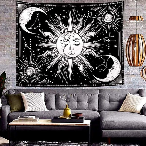 Jasion Moon and Sun Tapestry Burning Sun with Star Psychedelic Mystic Wall Hanging Poster Black and White Tapestry Art for Home Headboard Dorm Decor in 51x60 Inches - Image 2