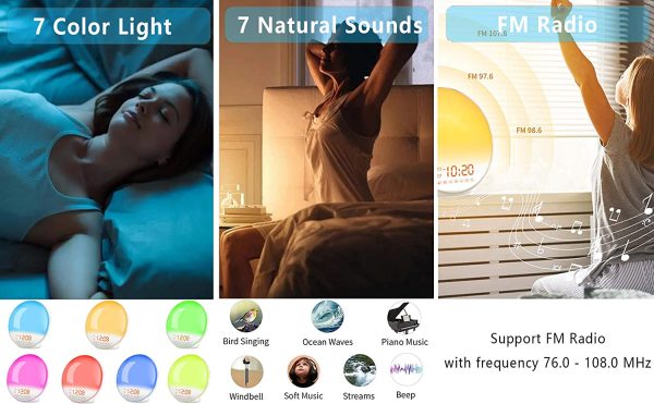 Wake Up Light Digital Alarm Clock Sleep Aid with Sunrise & Sunset Simulation for Bedroom, Bedside and Heavy Sleepers, Kids, with Dual Alarms, FM Radio, Snooze, Night Light, 7 Colors, 7 Natural Sounds - Image 3