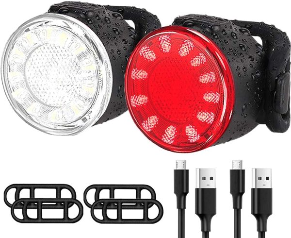 USB Rechargeable LED Bike Lights Set, Ultra Bright Front and Back Rear Bicycle Light Combo, IPX5 Waterproof Mountain Road Helmet Cycle Headlight and Taillight Set for Men Women Kids (6 Modes)