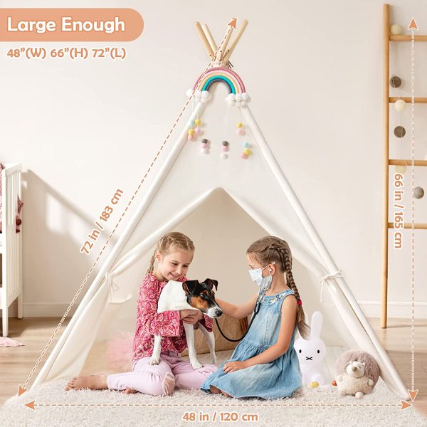 Tiny Land Kids Teepee Tent-Toys for 3,4,5,6 Year Old Girls-Kids Foldable Play Tent with Mat & Light String & Carry Case, White Canvas Teepee Indoor Outdoor Games-Kids Playhouse-Kids Tent - Image 8