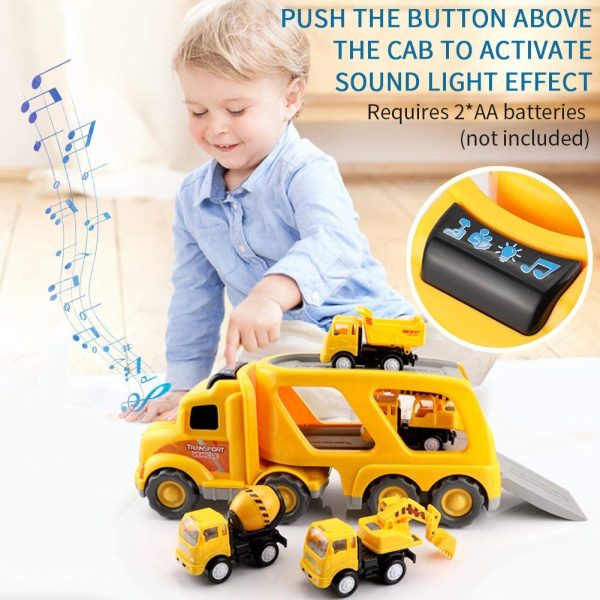 Construction Truck Toys for 3 4 5 Years Old Toddlers Kids Boys and Girls, Car Toy Set with Sound and Light, Play Vehicles in Friction Powered Carrier Truck, Small Crane Mixer Dump Excavator Toy - Image 3