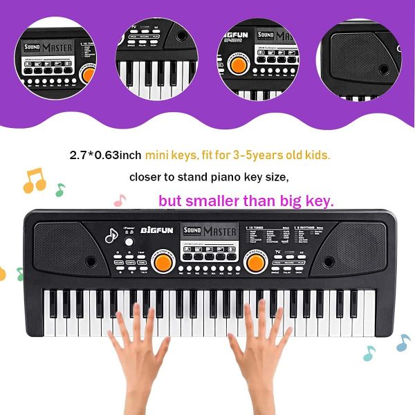 Kids Keyboard 49-Key Kids Piano Keyboard with Microphone Multi-Function Piano for Kids Birthday Gift 20.86 Inch (Black) (49keys) - Image 2