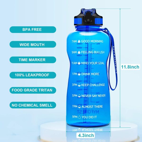 Half Gallon Tritan Water Bottle with Straw BPA Free, 74oz Gym Bottles with Time Marker, 2.2L Daily Water Intake Bottle for Your Drinking Water Needs BLUE