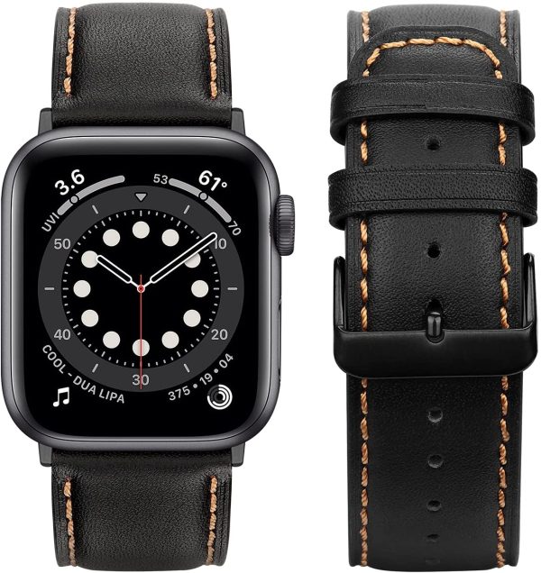 Tasikar Bands Compatible with Apple Watch Band 38mm 40mm 41mm Premium Genuine Leather Replacement Bracelet Strap Compatible with Apple Watch Series 7 (41mm) SE Series 6 5 4 (40mm) Series 3 2 1 (38mm)- Black - Image 5