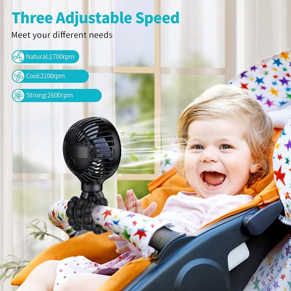 Stroller Fan, Portable Clip on Stroller Fan for Baby, 3 Speed Adjustment, 2000mAh Rechargeable Personal Desk Fan with Flexible Tripod, Mini Handheld Fan for Car Seat, Bicycle, Camping, Treadmill, (Black) - Image 7