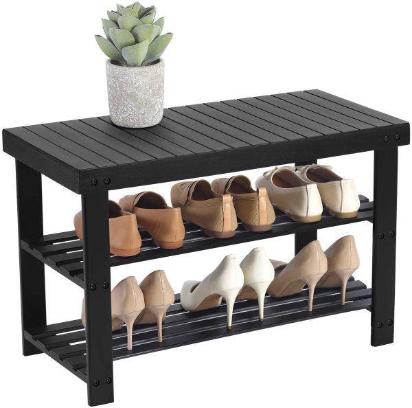 SONGMICS Shoe Rack Bench, 3-Tier Bamboo Shoe Organizer Storage Shelf, Holds 264 lb, Black ULBS04H - Image 2