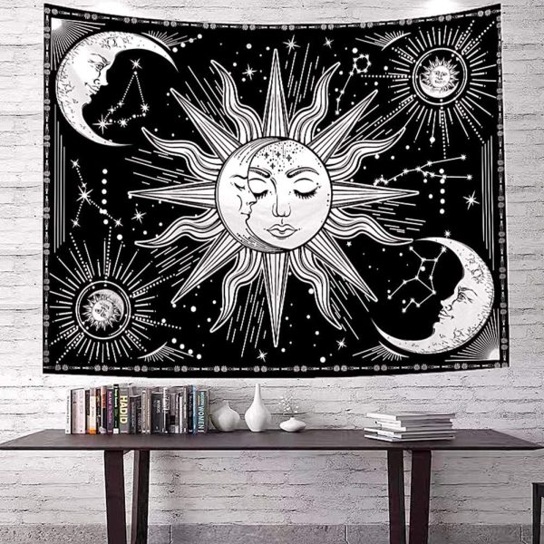 Jasion Moon and Sun Tapestry Burning Sun with Star Psychedelic Mystic Wall Hanging Poster Black and White Tapestry Art for Home Headboard Dorm Decor in 51x60 Inches - Image 4