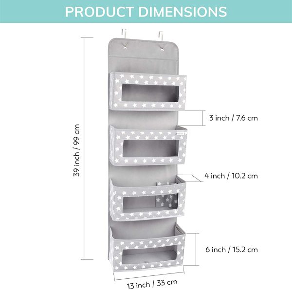 Vesta Baby Over the Door Hanging Organizer - Unisex Space-Saving 4-Pocket Storage Solution for Closet, Children's Room, Nursery - Clear-Window Caddy - 2 Utility Pockets for Small Items and Accessories