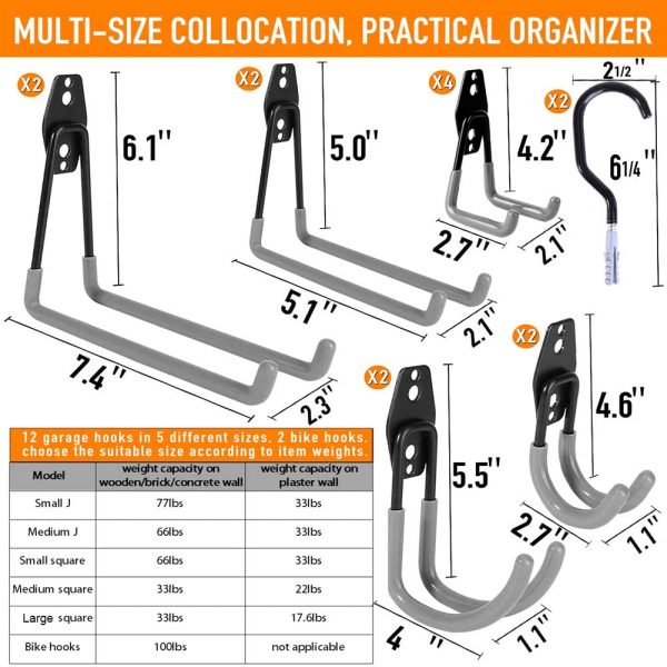 Garage Hooks, 14 Pack Wall Mount Utility Hooks Heavy Duty Steel Garage Storage Hooks Double Hangers with Bike Hooks for Organizing Ladders, Bicycle, Ropes, Power Tools, Garden Tools, Bulk Items - Image 2