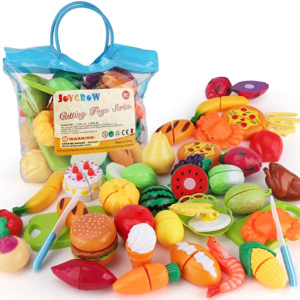 JoyGrow 32PCSCutting Food Toys Pretend Play Toys Set with Storage Handbag, Cutting Pizza Fruits Vegetable Hamburger Food Kitchen Toys Family Playset Gift for Girls and Boys (Blue) - Image 2