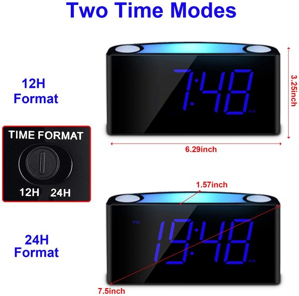 Digital Alarm Clock for Bedrooms, 7'' Large LED Display Electric Clock with 2 USB Chargers, 7 Color Night Light Alarm Clock, 0-100% Dimmer, 12/24 H & DST, Adjustable Volume, Big Snooze, Battery Backup, Simple Basic Plug in Loud Alarm Clock for Heavy Sleepers Kids Teens Boys Girls Elderly Seniors, Home Living Room Kitchen Desk Shelf Bedside Nightstand, Office Travel (Blue) - Image 7