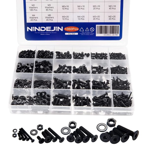 NINDEJIN 1060pcs M2 M3 M4 M5 Flat Head Socket Head Cap Screw Bolt& Nuts & Flat Washers Alloy Steel Countersunk Screws Assortment Kit (Flat Head) - Image 3