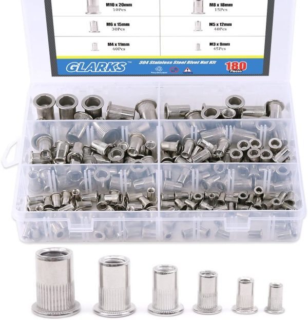 180Pcs 304 Stainless Steel Flat Head Threaded Rivetnut Insert Nutsert Rivet Nut Assortment Kit - M3 M4 M5 M6 M8 M10