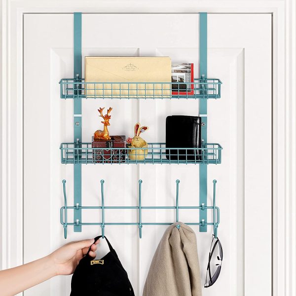 Over The Door Organizer Hanging Storage Shelf with 2 Baskets & 5 Hooks Spice Rack for Kitchen Closet Bathroom Bedroom Pantry - Image 4