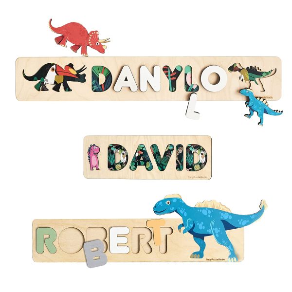 Personalized Name Puzzles with Colored Dinosaurs for little babies Custom Wooden Toys 1st Birthday Gift idea Montessori Preschool Game - Image 2