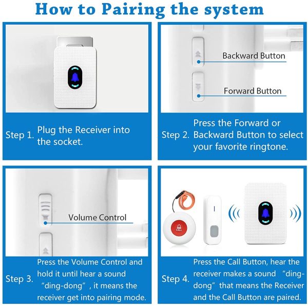 Wireless Caregiver Pager Alert System, Elderly Emergency Panic Button Alarm System for Seniors Patient Nurse, 1 Receiver, 1 Call Button, 1 Doorbell - Image 9