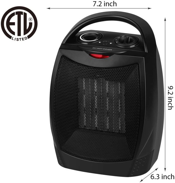 Portable Electric Space Heater with Thermostat, 1500W/750W Safe & Quiet Ceramic Heater Fan, Heat Up 200 sq. Ft for Office Room Desk Indoor Use (Black)