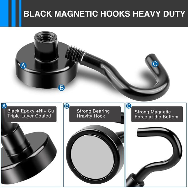 Black Magnetic Hooks, 22Lbs Strong Magnetic Hooks Heavy Duty with Epoxy Coating for Hanging, Kitchen, Office, Home and Garage etc- Pack of 6 - Image 7