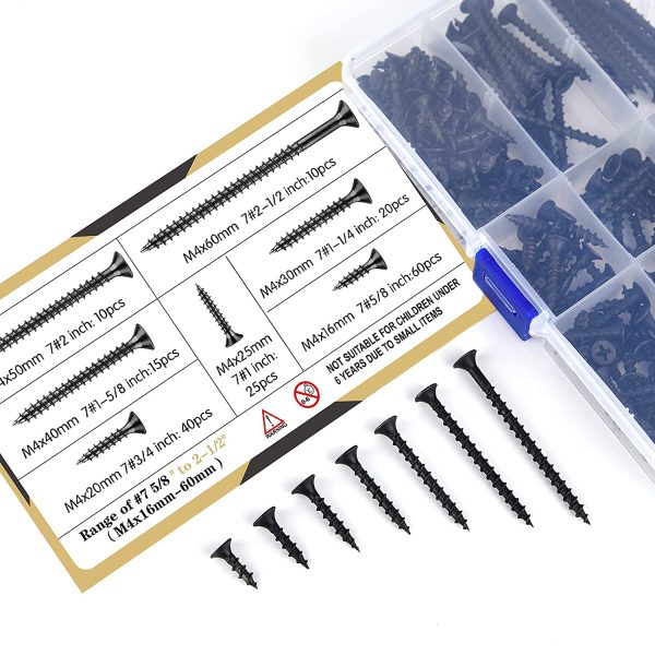 TUPARKA 180 Pcs M4 Black Wood Screw Assortment Coarse Thread Harp Point Self Tapping Screws 7 Sizes Drywall Screws for Drywall Sheetrock Wood Furniture and Cabinet (Black) - Image 4