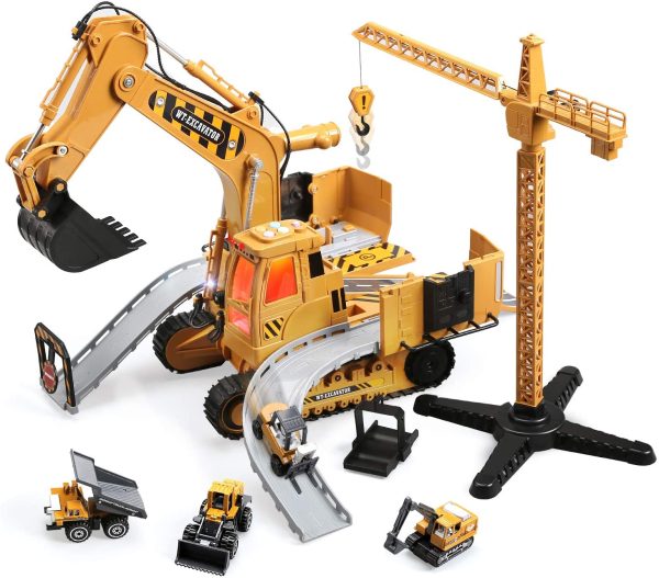 CUTE STONE Construction Vehicles Excavator Toy Set with Realistic Sounds & Lights,Kids Construction Toys Included Toy Excavator,Forklift,Bulldozer,Carrier Loader and Toy Crane,Great Gift for Kids Boys Toddler - Image 2