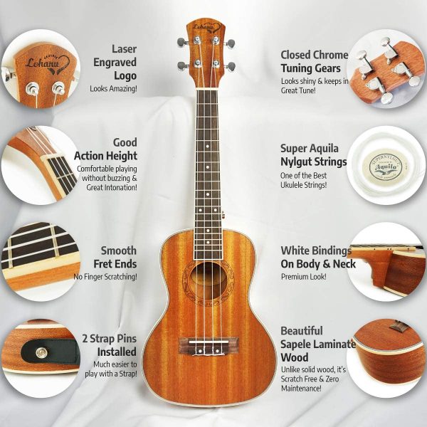 Ukulele Concert Size Bundle From Lohanu (LU-C) 2 Strap Pins Installed FREE Uke Strap Case Tuner 3 Picks Hanger Aquila Strings Installed Free Video Lessons BEST UKULELE BUNDLE DEAL Purchase Today! - Image 8