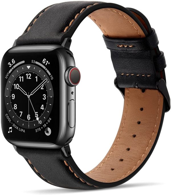 Tasikar Bands Compatible with Apple Watch Band 38mm 40mm 41mm Premium Genuine Leather Replacement Bracelet Strap Compatible with Apple Watch Series 7 (41mm) SE Series 6 5 4 (40mm) Series 3 2 1 (38mm)- Black - Image 7