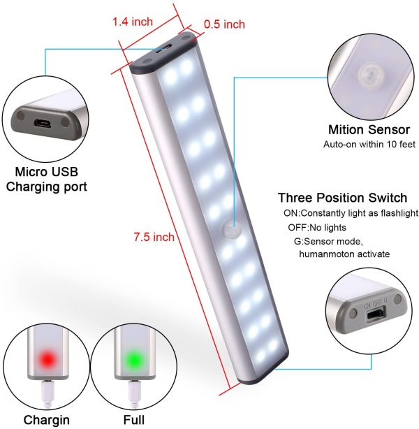 Stick-On Anywhere Portable Closet Lights Wireless 20 Led Under Cabinet Lighting Motion Sensor Activated Build in Rechargeable Battery Magnetic Little Safe Night Tap Light for Closet Cabinet (Silver) - Image 5