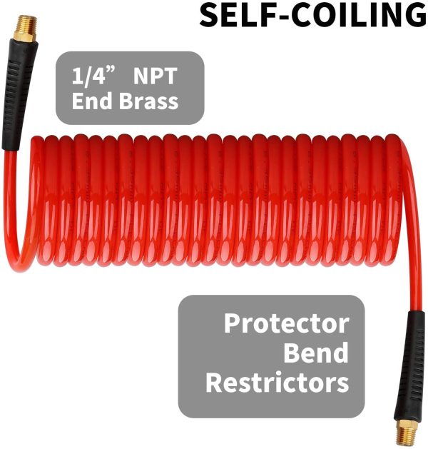 1/4 in x 25 ft Polyurethane Recoil Air Hose with Bend Restrictors Compressor Hose with 1/4" Industrial Universal Quick Coupler and I/M Plug Kit, Red - Image 6