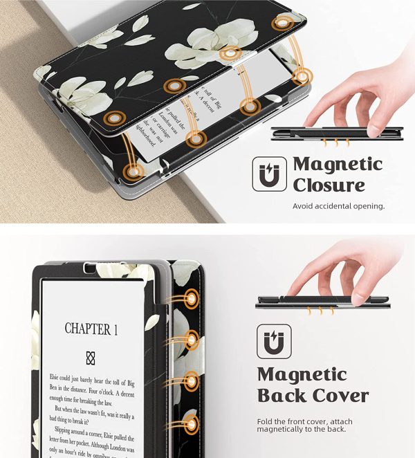 Case for 6.8" Kindle Paperwhite (11th Generation-2021) and Kindle Paperwhite Signature Edition, Slim PU Shell Cover Case with Auto-Wake/Sleep for Kindle Paperwhite 2021, Black & White Magnolia - Image 3