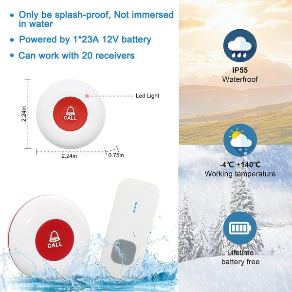 Wireless Caregiver Pager Alert System, Elderly Emergency Panic Button Alarm System for Seniors Patient Nurse, 1 Receiver, 1 Call Button, 1 Doorbell