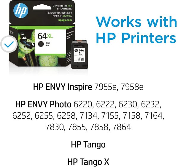 Original HP 64XL Black High-yield Ink Cartridge | Works with HP ENVY Photo 6200, 7100, 7800 Series | Eligible for Instant Ink | N9J92AN